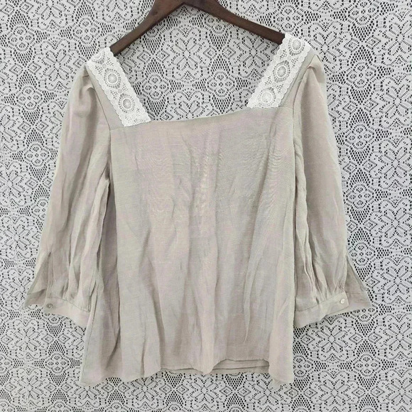 Nanette Lepore square neck crochet pullover women's blouse Tan M - Picture 2 of 7